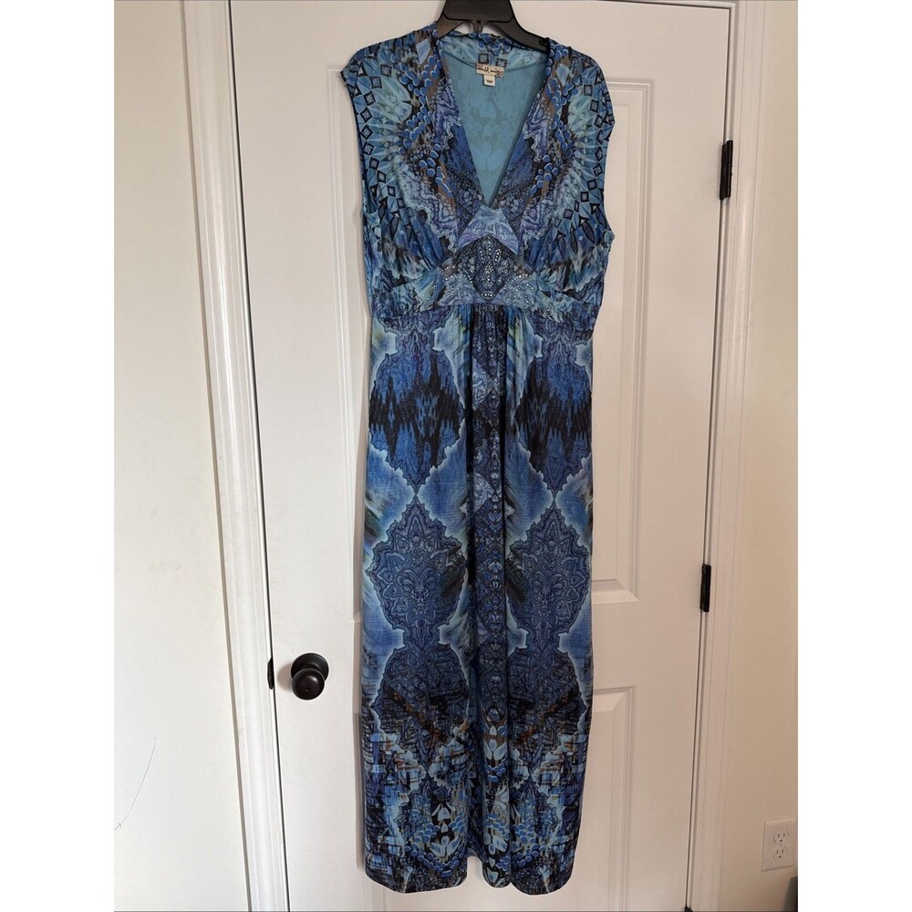 World Unity Womens LARGE Boho Jewel Maxi Dress Paisley Blue Stretch Sleeveless